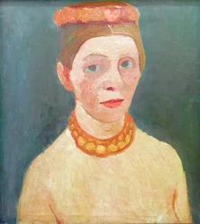 Selbstbildnis mit rotem Blütenkranz und Kette